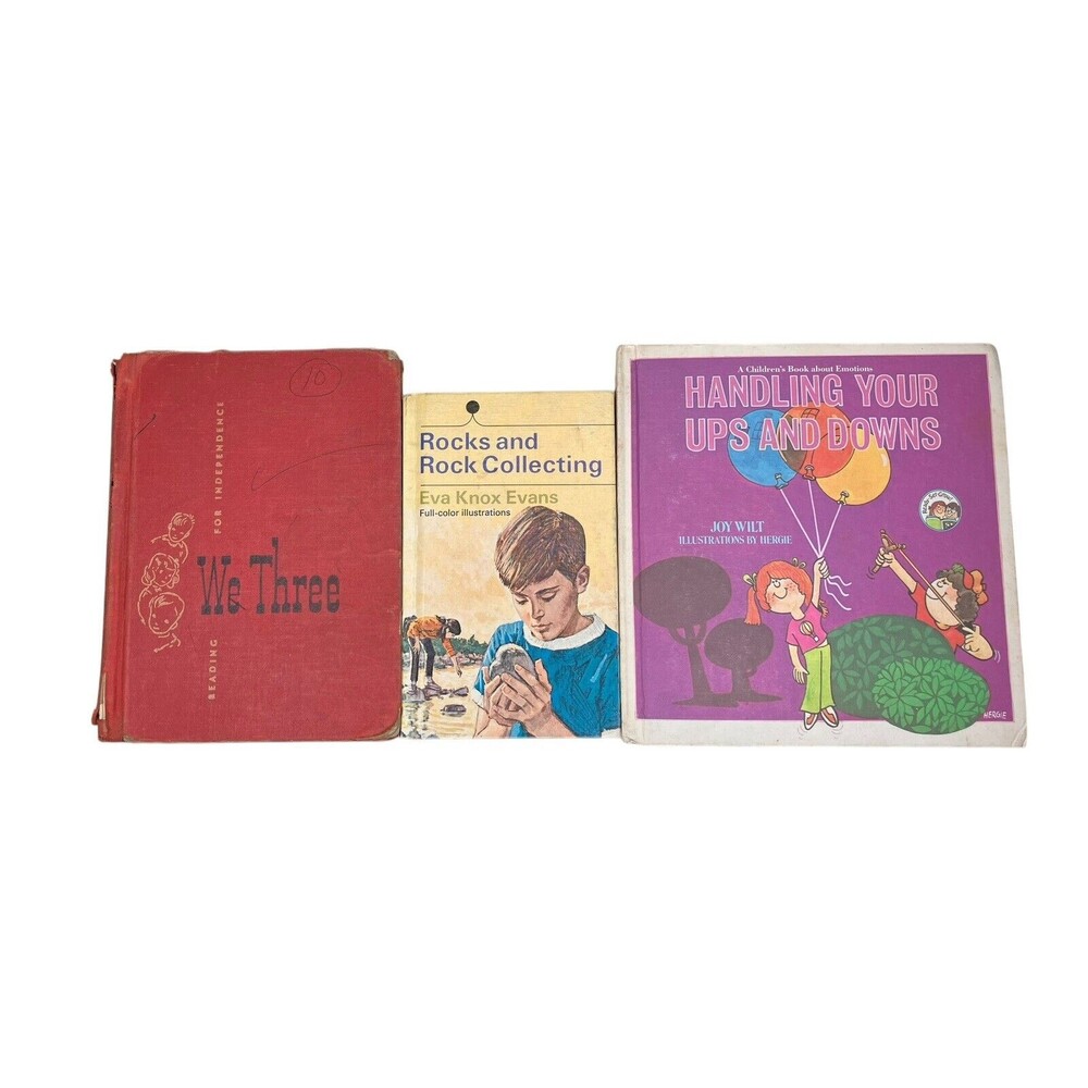 Vtg. Lot of 3 Childrenโs Educational Books Reading Rocks Emotions Illustrations